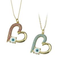Brass Necklace, Heart, real gold plated, evil eye pattern & oval chain & micro pave cubic zirconia & for woman 1mm Approx 17.5 Inch 