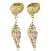 Zinc Alloy Drop Earring, with Trumpet Shell, stainless steel post pin, gold color plated, for woman, 60*18mm 