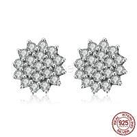 925 Sterling Silver Stud Earring, Flower, oxidation, micro pave cubic zirconia & for woman, silver color 