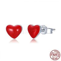 Sterling Silver Stud Earring, 925 Sterling Silver, Heart, platinum plated, for woman & enamel 