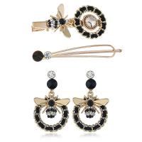 Rhinestone Zinc Alloy Jewelry Set, hair clip & earring, plated, fashion jewelry & for woman & with rhinestone, black, 28mm*60mm,10mm*70mm,46mm*28mm 