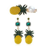 Rhinestone Zinc Alloy Jewelry Set, with Plastic Pearl, Pineapple, plated, fashion jewelry & for woman & with rhinestone, yellow, 60mm*28mm,70mm*28mm 