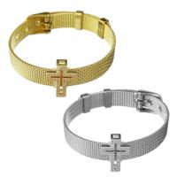 Stainless Steel Chain Bracelets, with Brass, Crucifix Cross, plated, Unisex & mesh chain & micro pave cubic zirconia 10mm Approx 8.5 Inch 