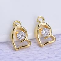 Brass Heart Pendants, with Cubic Zirconia, real gold plated, 11*7mm 