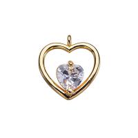Brass Heart Pendants, with Cubic Zirconia, real gold plated, 12*11mm 