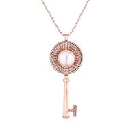 Brass Sweater Chain Necklace, with Plastic Pearl, with 50mm extender chain, Key, plated, micro pave cubic zirconia & for woman 800mm,64*23mm Approx 31.5 Inch 