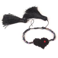 Glass Jewelry Beads Bracelets, Glass Beads, with Seedbead & Cotton Cord, Heart, adjustable & for woman, black 4mm Approx 6.3-8.6 Inch 