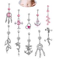 Stainless Steel Belly Ring, Zinc Alloy, with 316L Stainless Steel, platinum color plated, for woman & with rhinestone, 5mm 