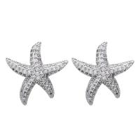 Cubic Zirconia Micro Pave Brass Earring, with Cubic Zirconia, Starfish, platinum plated, micro pave cubic zirconia & for woman, 16*16mm 