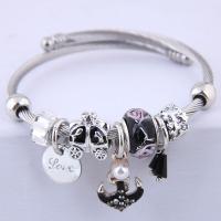 Zinc Alloy Cuff Bangle, with Lampwork & Tiger Tail Wire & Acrylic, silver color plated, for woman & with rhinestone 55mm 