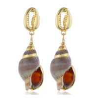 Zinc Alloy Drop Earring, with Shell, stainless steel post pin, gold color plated, for woman, 67*20mm 