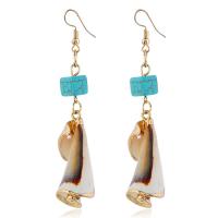 Turquoise Zinc Alloy Earring, with turquoise & Shell, brass earring hook, gold color plated, for woman, 80*15mm 
