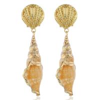 Zinc Alloy Drop Earring, with Shell, stainless steel post pin, gold color plated, for woman, 92*26mm 