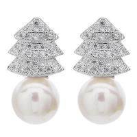 Cubic Zirconia Micro Pave Brass Earring, with Cubic Zirconia & Plastic Pearl, Christmas Tree, platinum plated, micro pave cubic zirconia & for woman 18*10mm 