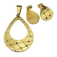 Rhinestone stainless steel Jewelry Set, Stud Earring & pendant, Teardrop, gold color plated, for woman & with rhinestone  Approx 