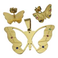Rhinestone stainless steel Jewelry Set, Stud Earring & pendant, Butterfly, gold color plated, for woman & with rhinestone  Approx 