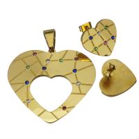 Rhinestone stainless steel Jewelry Set, Stud Earring & pendant, Heart, gold color plated, for woman & with rhinestone  Approx 