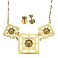 Fashion Stainless Steel Jewelry Sets, Stud Earring & necklace, gold color plated, for woman & hollow 2mm,8mm Approx 16 Inch 
