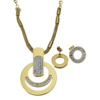 Rhinestone stainless steel Jewelry Set, Stud Earring & necklace, with Rhinestone Clay Pave, gold color plated, mesh chain & for woman 3mm,4mm,15mm Approx 19 Inch 