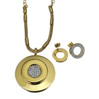 Rhinestone stainless steel Jewelry Set, Stud Earring & necklace, gold color plated, mesh chain & for woman 3mm,4mm,15mm Approx 19 Inch 