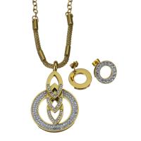 Rhinestone stainless steel Jewelry Set, Stud Earring & necklace, with Rhinestone Clay Pave, gold color plated, mesh chain & oval chain & for woman 3mm,4mm,15mm Approx 19 Inch 