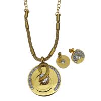 Rhinestone stainless steel Jewelry Set, Stud Earring & necklace, with Rhinestone Clay Pave, gold color plated, mesh chain & oval chain & for woman 3mm,4mm,14mm Approx 19 Inch 