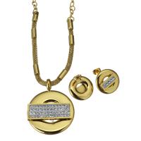 Rhinestone stainless steel Jewelry Set, Stud Earring & necklace, with Rhinestone Clay Pave, gold color plated, mesh chain & oval chain & for woman 3mm,4mm,16mm Approx 19 Inch 