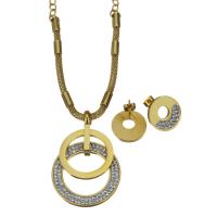Rhinestone stainless steel Jewelry Set, Stud Earring & necklace, with Rhinestone Clay Pave, gold color plated, mesh chain & oval chain & for woman 3mm,4mm Approx 19 Inch 