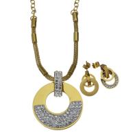 Rhinestone stainless steel Jewelry Set, Stud Earring & necklace, with Rhinestone Clay Pave, gold color plated, mesh chain & oval chain & for woman, 34mm,3mm,4mm,16mm Approx 19 Inch 