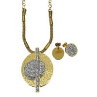 Rhinestone stainless steel Jewelry Set, Stud Earring & necklace, with Rhinestone Clay Pave, gold color plated, mesh chain & oval chain & for woman 3mm,4mm Approx 19 Inch 