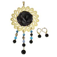 Parures de bijoux en acier inoxydable, Boucle d’oreille stud & pendentif, avec tissu & Oeil de chat, Placage de couleur d'or, pour femme 26mm Environ Vendu par fixé
