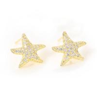 Rhinestone Brass Stud Earring, Star, gold color plated, for woman & with rhinestone, 14*14mm 
