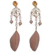 Zinc Alloy Drop Earring, with Glass Beads & Feather & Plastic Pearl, for woman 