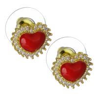 Brass Stud Earring, with Synthetic Glass, Heart, real gold plated, micro pave cubic zirconia & for woman 