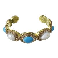 Brass Cuff Bangle, with Rhinestone Clay Pave & Synthetic Turquoise & Freshwater Pearl, real gold plated, for woman, 16.5mm,57mm 
