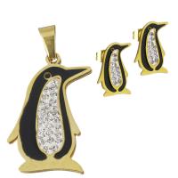 Rhinestone stainless steel Jewelry Set, Stud Earring & pendant, with Rhinestone Clay Pave & enamel, Penguin, gold color plated, for woman Approx 