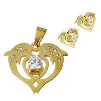 Joyería de acero inoxidable de diamantes de imitación, Pendiente de stud & colgante, chapado en color dorado, para mujer & con diamantes de imitación, 30.5x25.5x7mm,14.5x12mm, agujero:aproximado 5x7mm, Vendido por Set