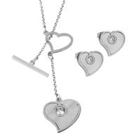 Rhinestone stainless steel Jewelry Set, Stud Earring & necklace, Heart, for woman & with rhinestone, original color 1.5mm Approx 18.5 Inch 