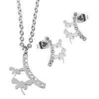 Joyería de acero inoxidable de diamantes de imitación, Pendiente de stud & collar, con 2inch extender cadena, cadena oval & para mujer & con diamantes de imitación, color original, 10x16.5mm,1.5mm,10x14.5mm, longitud:aproximado 16 Inch, Vendido por Set