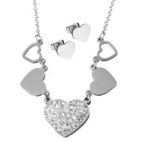 Rhinestone stainless steel Jewelry Set, Stud Earring & necklace, with Rhinestone Clay Pave, Heart, oval chain & for woman & with rhinestone, original color 1.5mm Approx 18.5 Inch 
