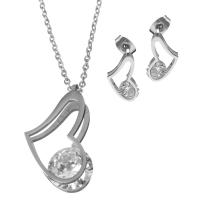 Rhinestone stainless steel Jewelry Set, Stud Earring & necklace, with Rhinestone, Heart, oval chain & for woman, original color 1.5mm Approx 17.5 Inch 