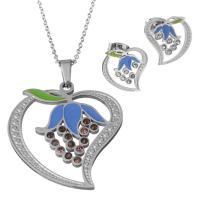Rhinestone stainless steel Jewelry Set, Stud Earring & necklace, with enamel, oval chain & for woman & with rhinestone, original color 1.5mm Approx 17.5 Inch 