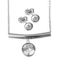 Joyería de acero inoxidable de diamantes de imitación, Pendiente de stud & collar, con diamantes de imitación, cadena oval & para mujer, color original, 11x14mm,1.5mm,6x6mm, longitud:aproximado 17.5 Inch, Vendido por Set