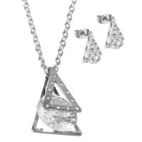 Joyería de acero inoxidable de diamantes de imitación, Pendiente de stud & collar, cadena oval & para mujer & con diamantes de imitación, color original, 14.5x22mm,2mm,9x13mm, longitud:aproximado 17.5 Inch, Vendido por Set