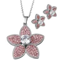 Rhinestone stainless steel Jewelry Set, Stud Earring & necklace, with Rhinestone Clay Pave, Flower, oval chain & for woman & with rhinestone, original color 2mm Approx 18 Inch 