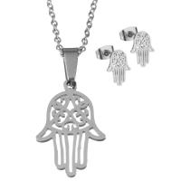 Fashion Stainless Steel Jewelry Sets, Stud Earring & necklace, Hamsa, oval chain & for woman & hollow, original color 1.5mm Approx 17.5 Inch 