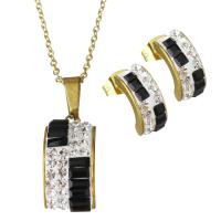 Rhinestone stainless steel Jewelry Set, Stud Earring & necklace, with Rhinestone Clay Pave, gold color plated, oval chain & for woman & with rhinestone 1.5mm Approx 17.5 Inch 