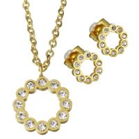 Joyería de acero inoxidable de diamantes de imitación, Pendiente de stud & collar, chapado en color dorado, cadena oval & para mujer & con diamantes de imitación, 14x18mm,2mm,9x9mm, longitud:aproximado 19.5 Inch, Vendido por Set