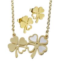 Fashion Stainless Steel Jewelry Sets, Stud Earring & necklace, Four Leaf Clover, gold color plated, oval chain & for woman 2mm Approx 17.5 Inch 
