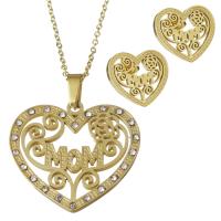 Rhinestone stainless steel Jewelry Set, Stud Earring & necklace, Heart, gold color plated, oval chain & for woman & with rhinestone 1.5mm Approx 17.5 Inch 